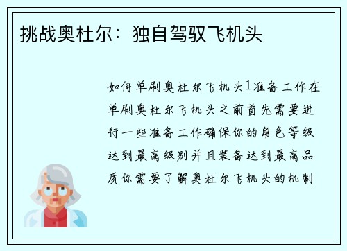 挑战奥杜尔：独自驾驭飞机头